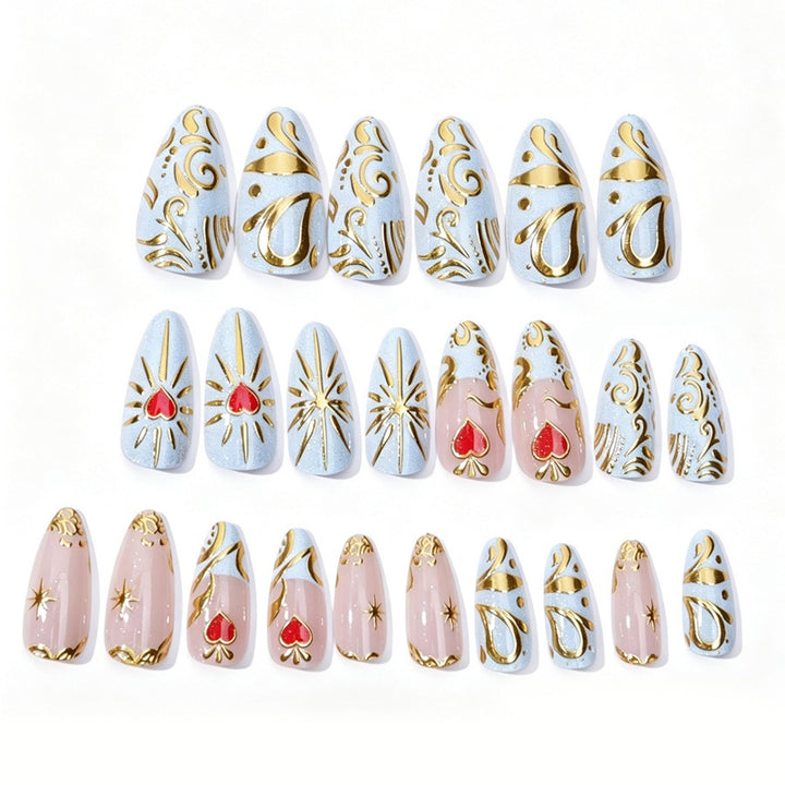 Artificial nail set with filigree golden accents and romantic heart motifs Kalsten