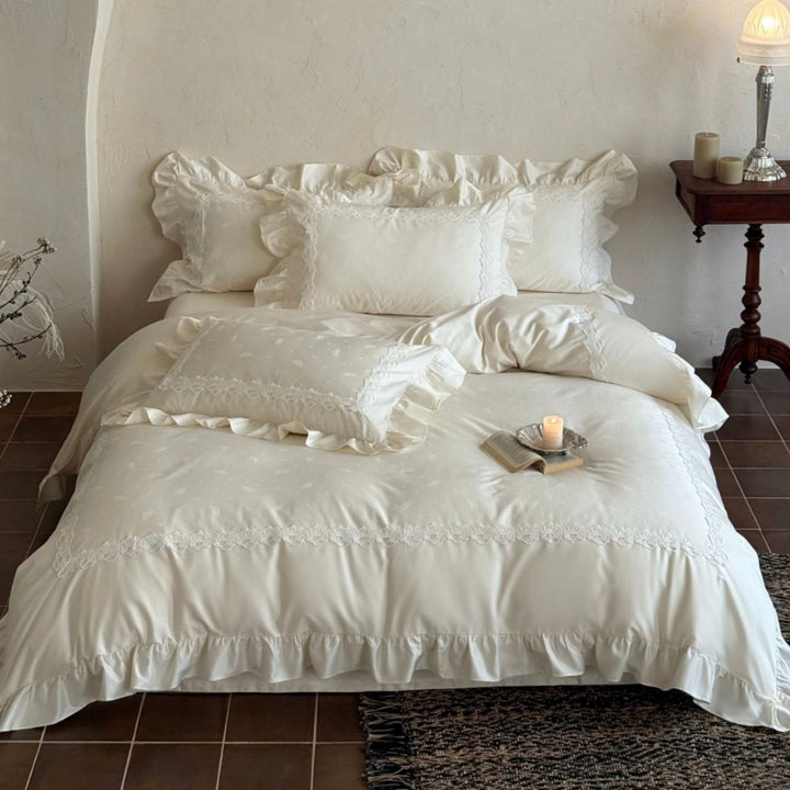 Luxurious bedding set with ruffles and delicate embroidery made of satin cotton