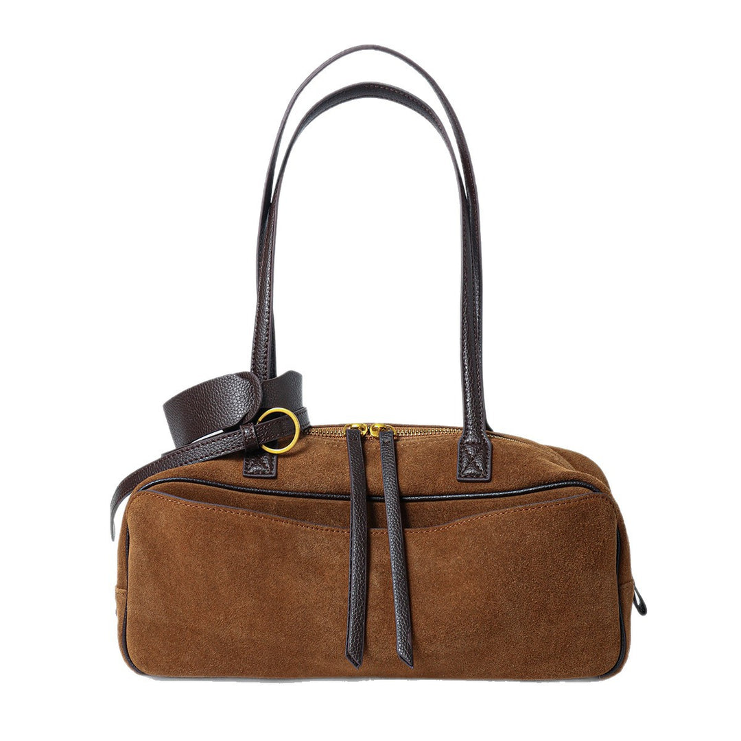 Suede Barrel Shoulder Bag with Top-Zip, Front Slip Pocket & Leather Trim