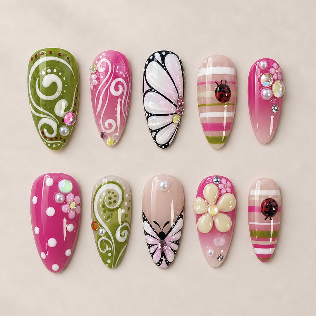 Artificial nail set with playful floral and glitter motifs Kalsten