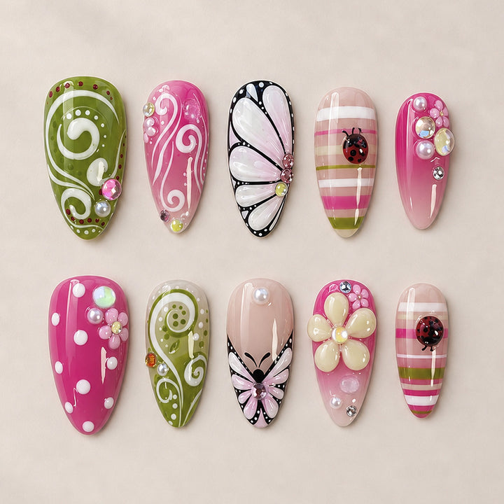 Artificial nail set with playful floral and glitter motifs Kalsten