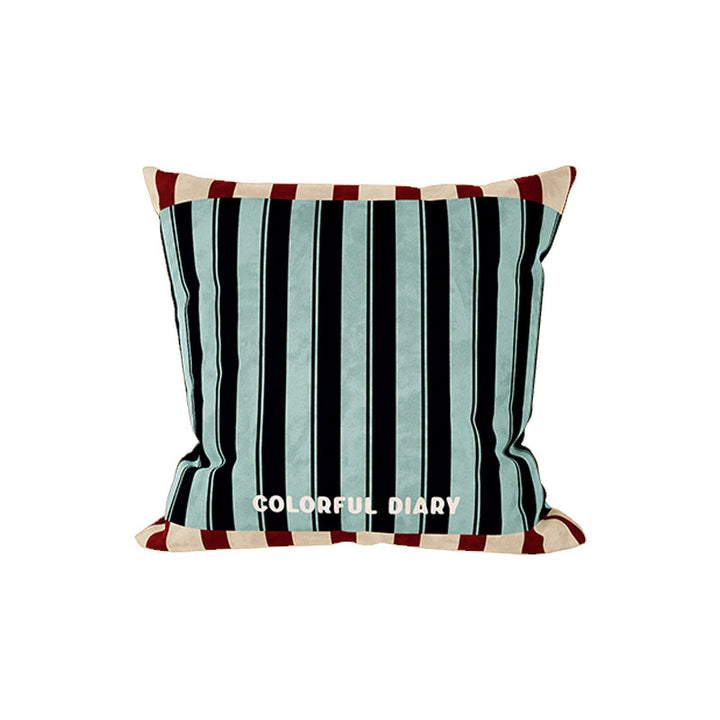 Striped Velvet Square Throw Pillow Cover with Contrast Border and Embroidered Slogan