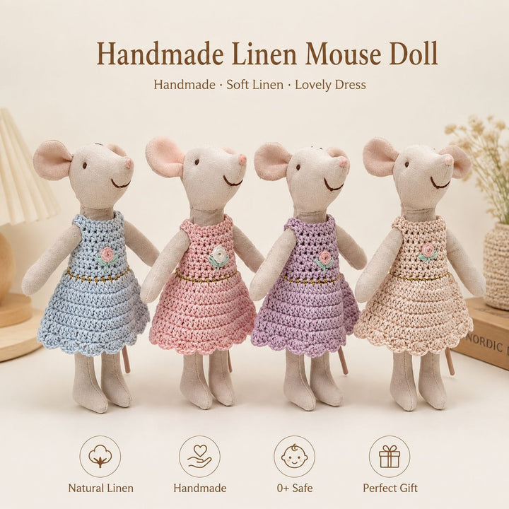 Handmade Linen Mouse Doll with Crocheted Mint Dress