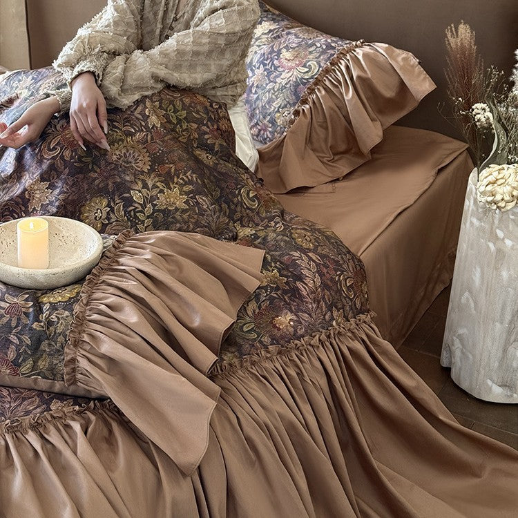 Opulent jacquard bedding set with large flounce and decorative ruffle edging