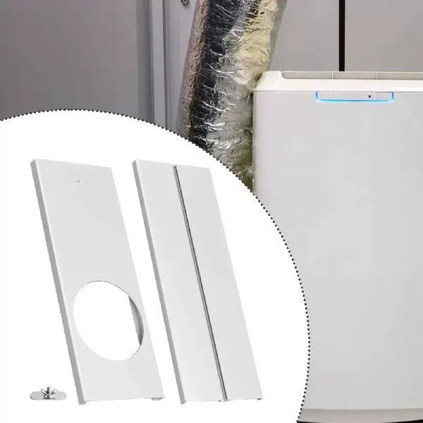 Unisex universal size portable air conditioner window ventilation plate adapter with circular exhaust cutout and adjustable sliding panel Kalsten