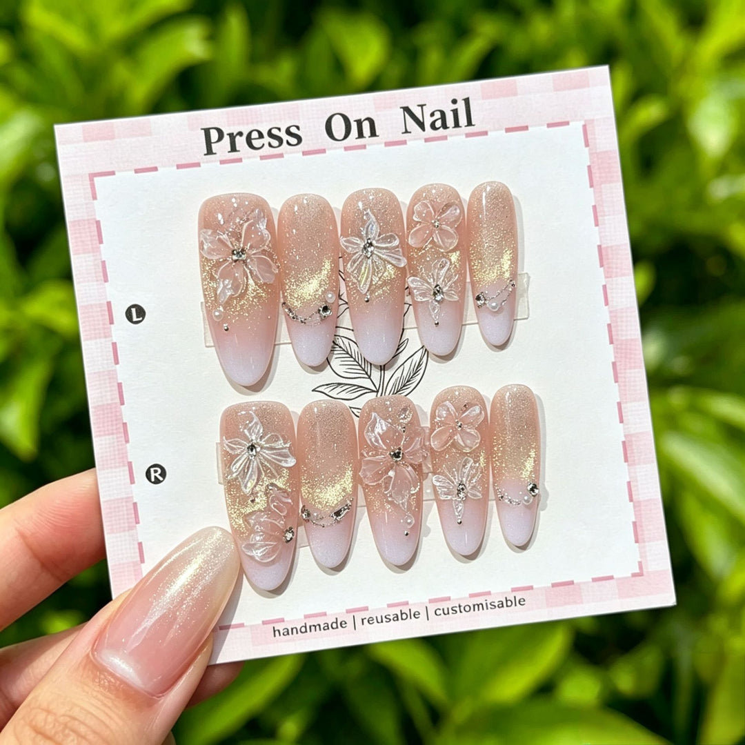 Artistic Press-On Nail Set with Floral and Patterned Designs