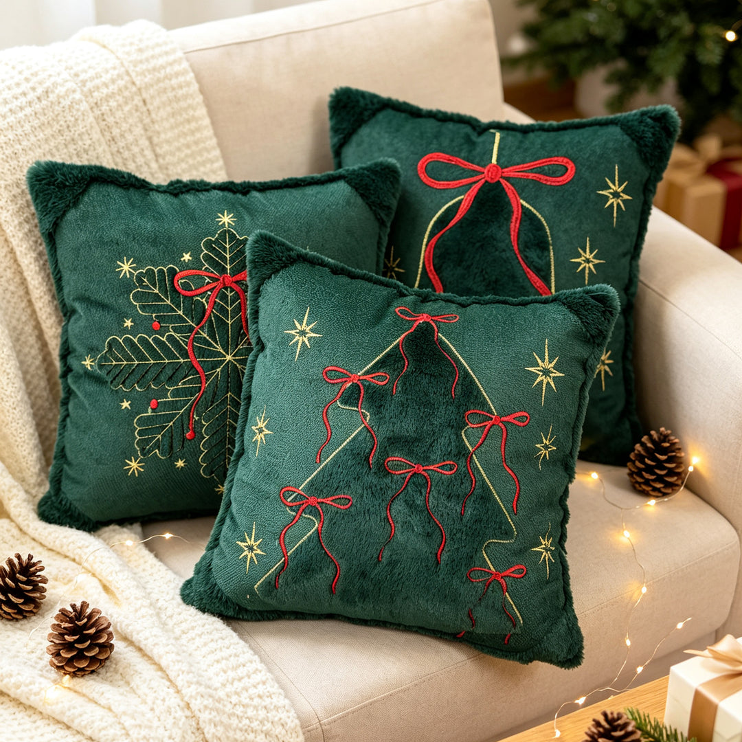 Luxury Embroidered Velvet Holiday Throw Pillow with Faux-Fur Fringe