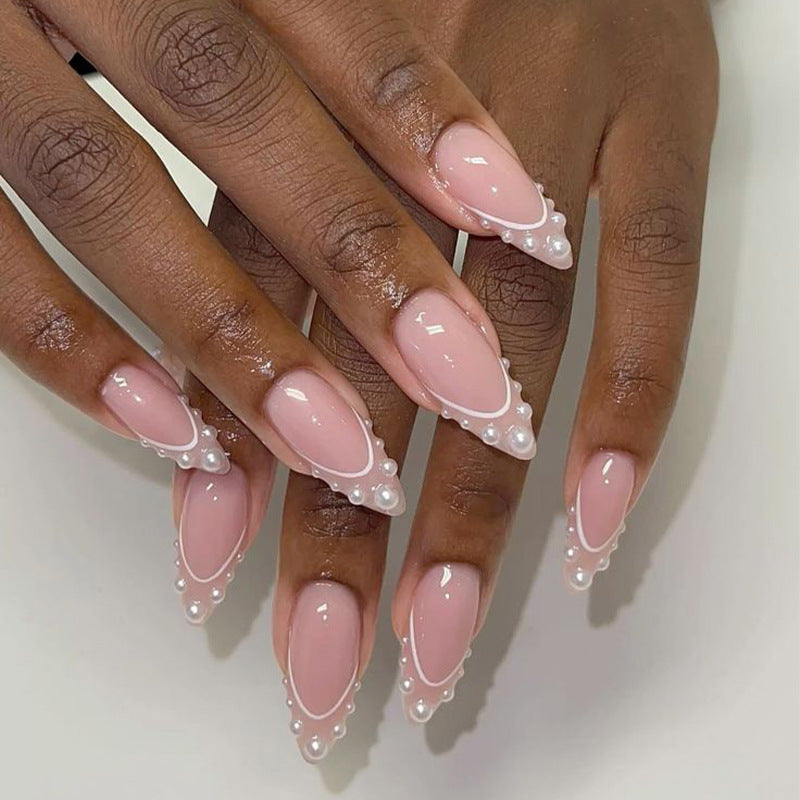 Elegant Pearl-Embellished Press-On Nail Design