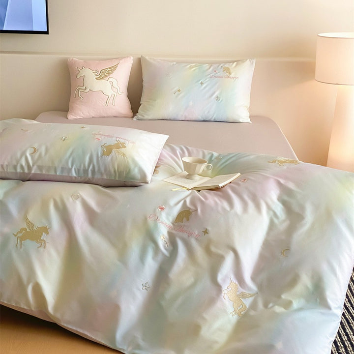 Pastel bedding set with unicorn embroidery and silky soft satin