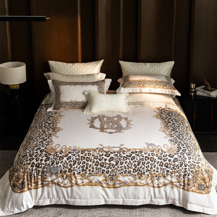 Luxurious satin bedding set with baroque leopard pattern