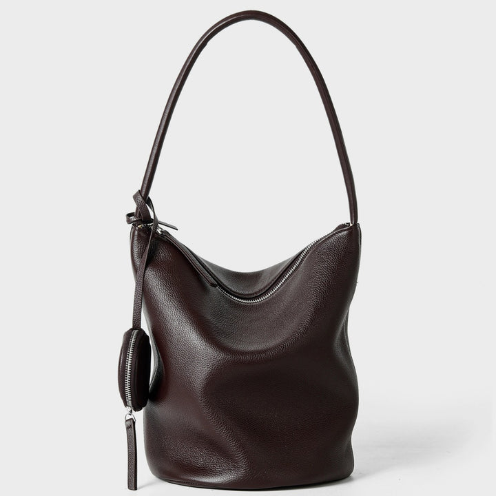 Slouchy Pebbled Bucket Hobo Bag with Curved Top Zip and Hanging Coin Pouch