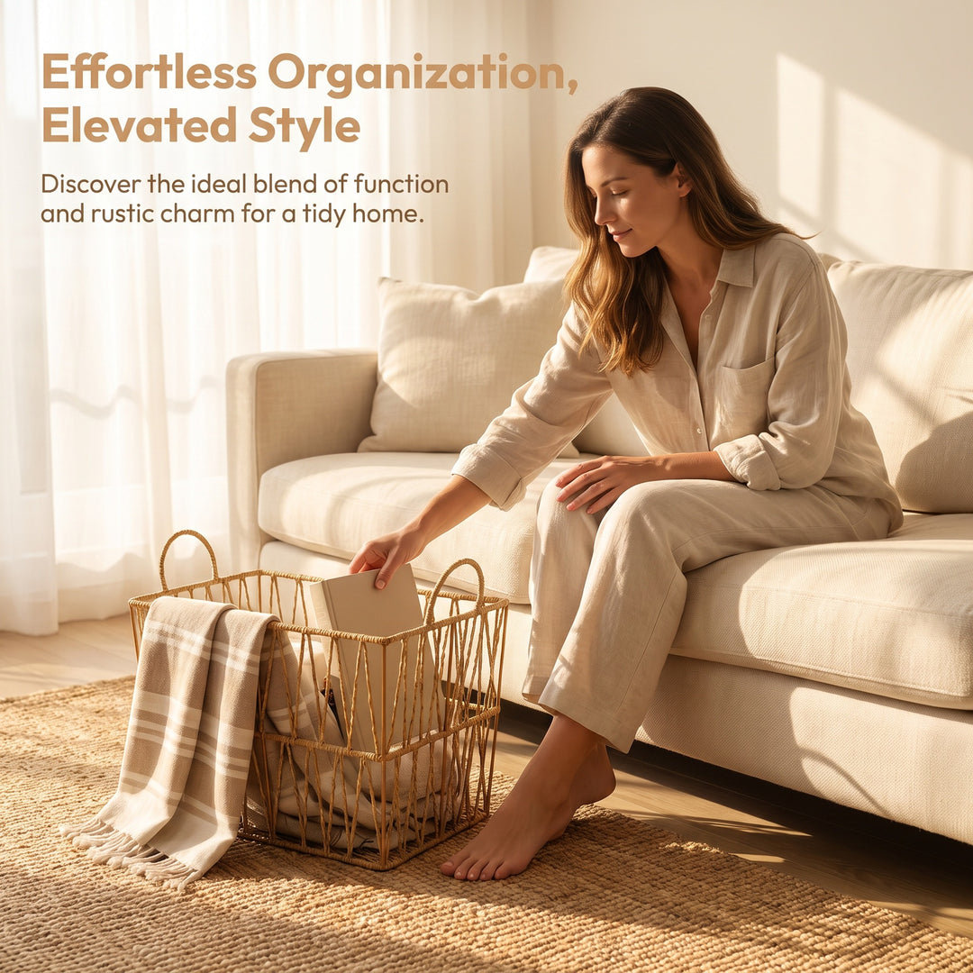 Decorative storage basket made of woven natural material Kalsten