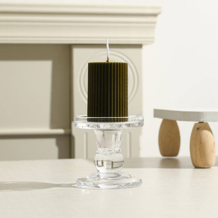 Ribbed Column Pillar Candle with Glass Pedestal Holder