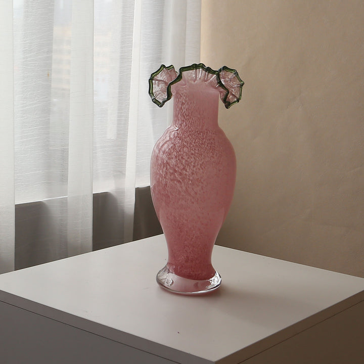 Handblown Ruffled-Edge Tall Pedestal Art Glass Vase Kalsten