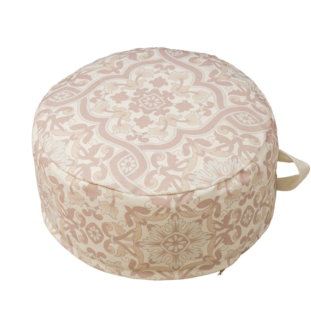 Beef floor seat pouf with handle and patterned canvas cover