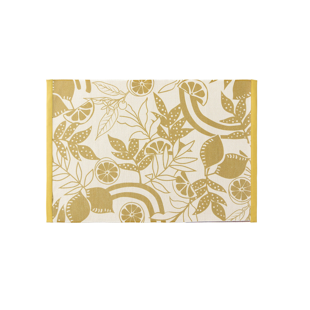 Woven table runner with floral vinyl print look and reinforced overlock stitching Kalsten