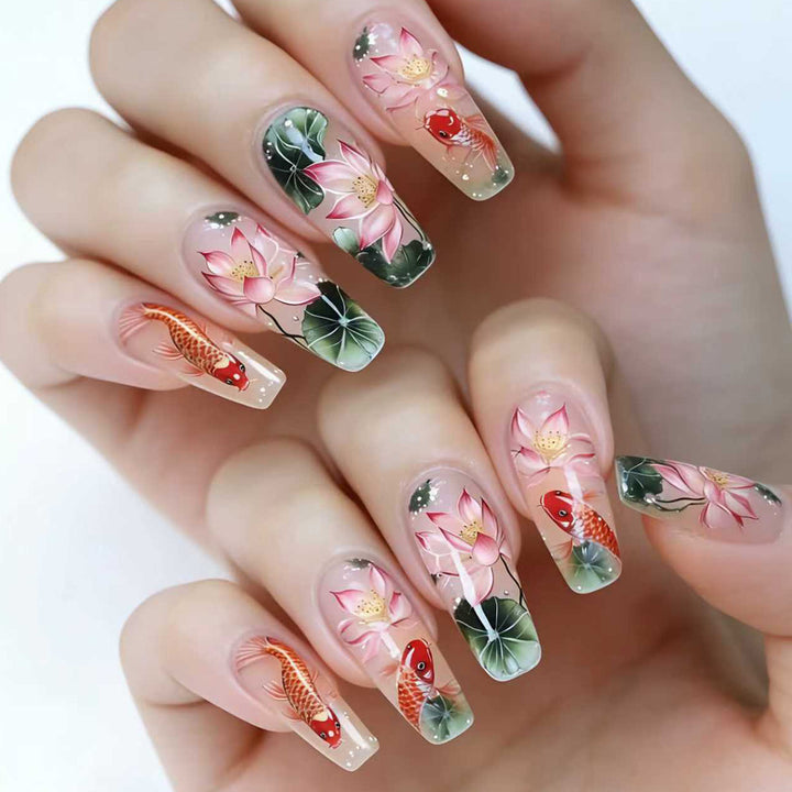 Artistic Water Lily and Koi Fish Nail Art Kalsten