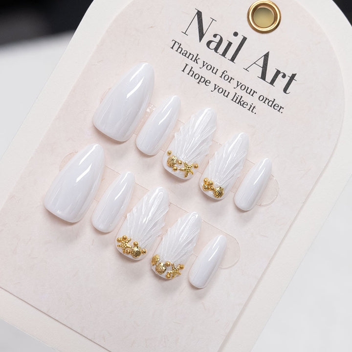 Ornate Long-Stiletto Press-On Nails with Gold Accents