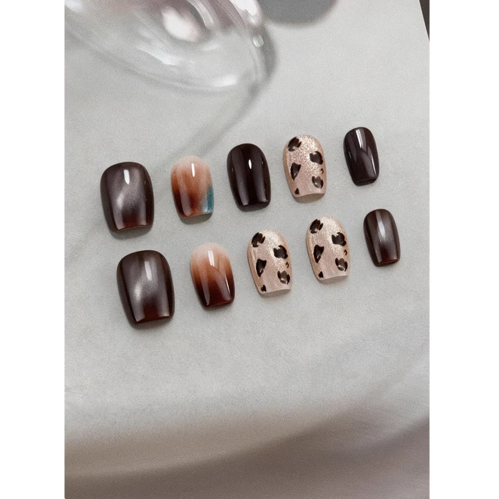 Artistic Press-On Nail Set with Leopard and Ombre Designs