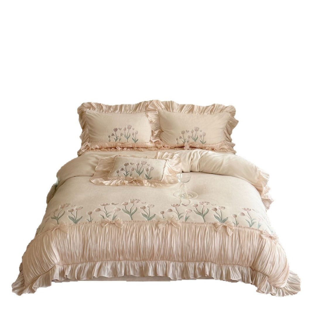 Romantic embroidered bedding set with frills, ruffles, and tulip embroidery