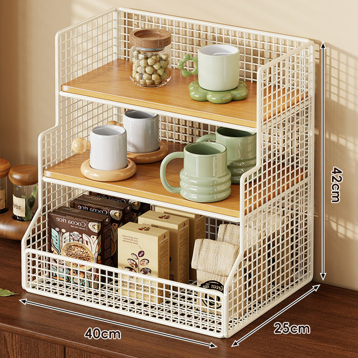 Three-Tier Countertop Wire Mesh Shelf Organizer with Bamboo Shelves