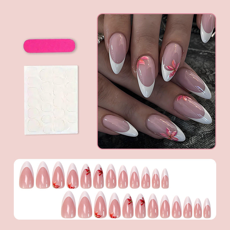 Artificial nail set with elegant French design and charming floral accents Kalsten