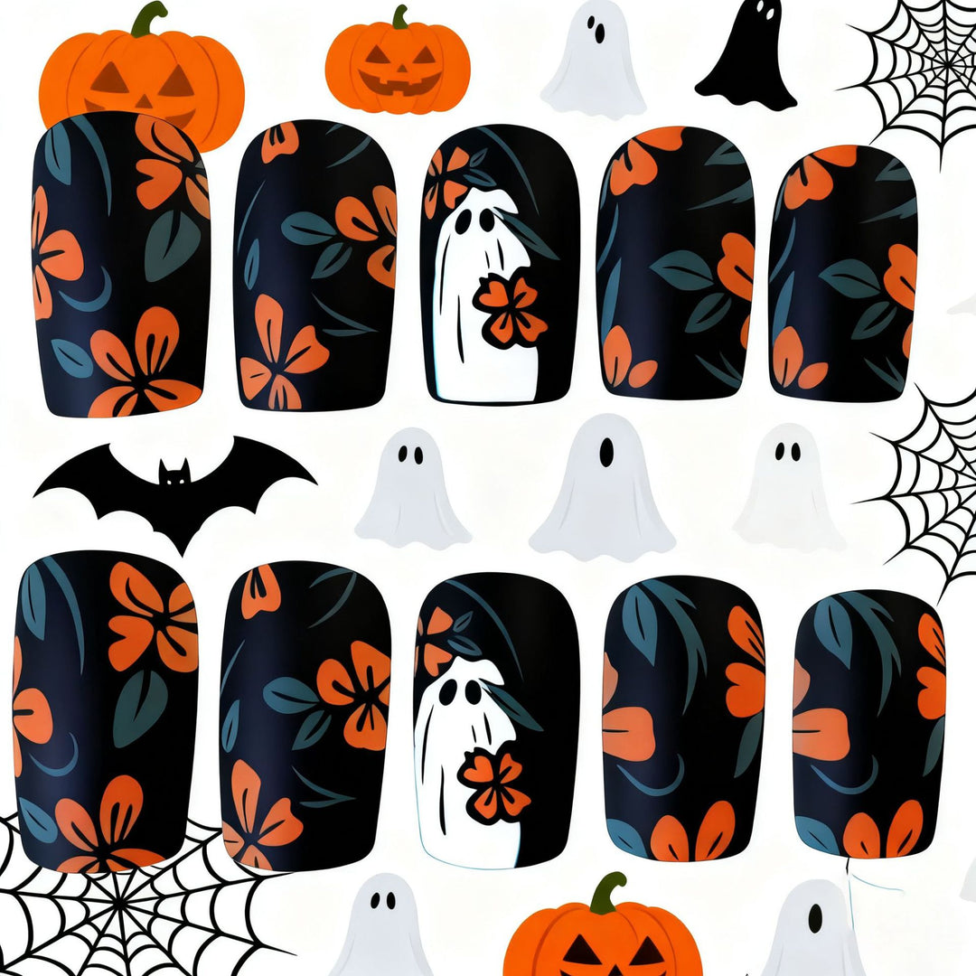 Artistic Floral Ghost-Themed Nail Art Enhancements Kalsten