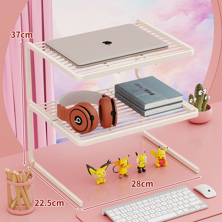 Tiered Adjustable Metal Laptop and Monitor Riser with Ventilated Slatted Shelves and Under-Storage Organizer