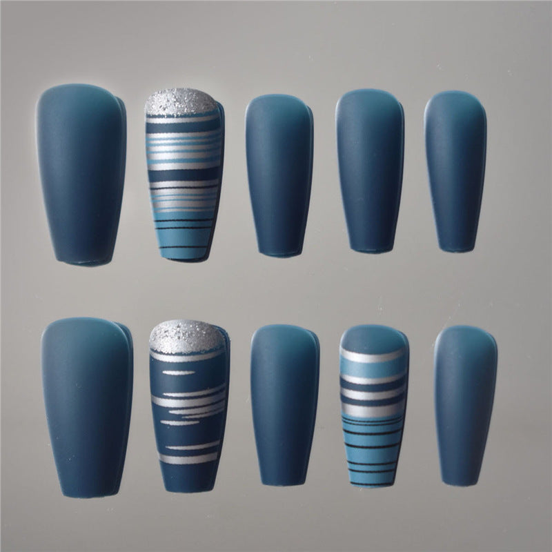 Fashionable Matte Finish Press-On Nails with Metallic Stripes Kalsten