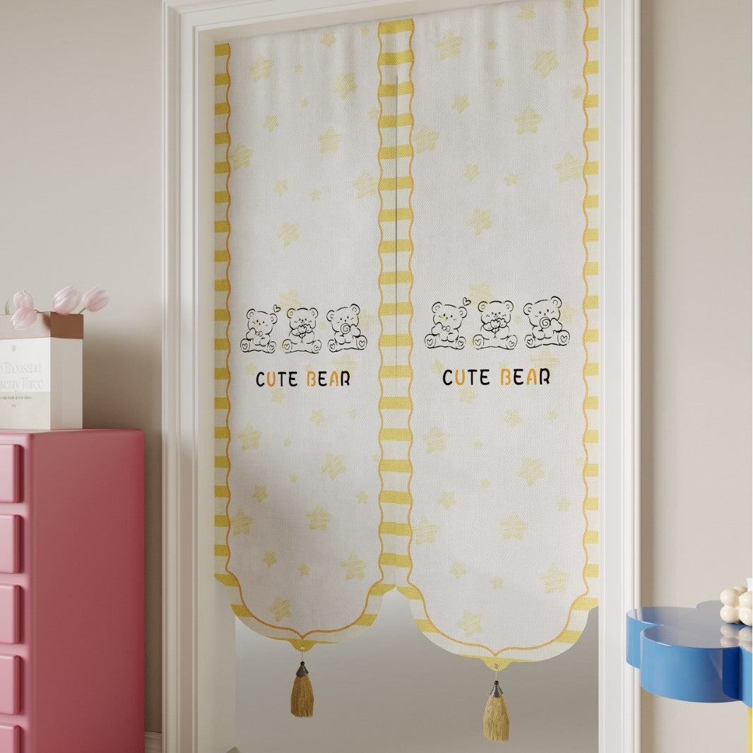 Kids Decorative Split Doorway Noren Curtain with Tassels and Cartoon Floral Lion Print