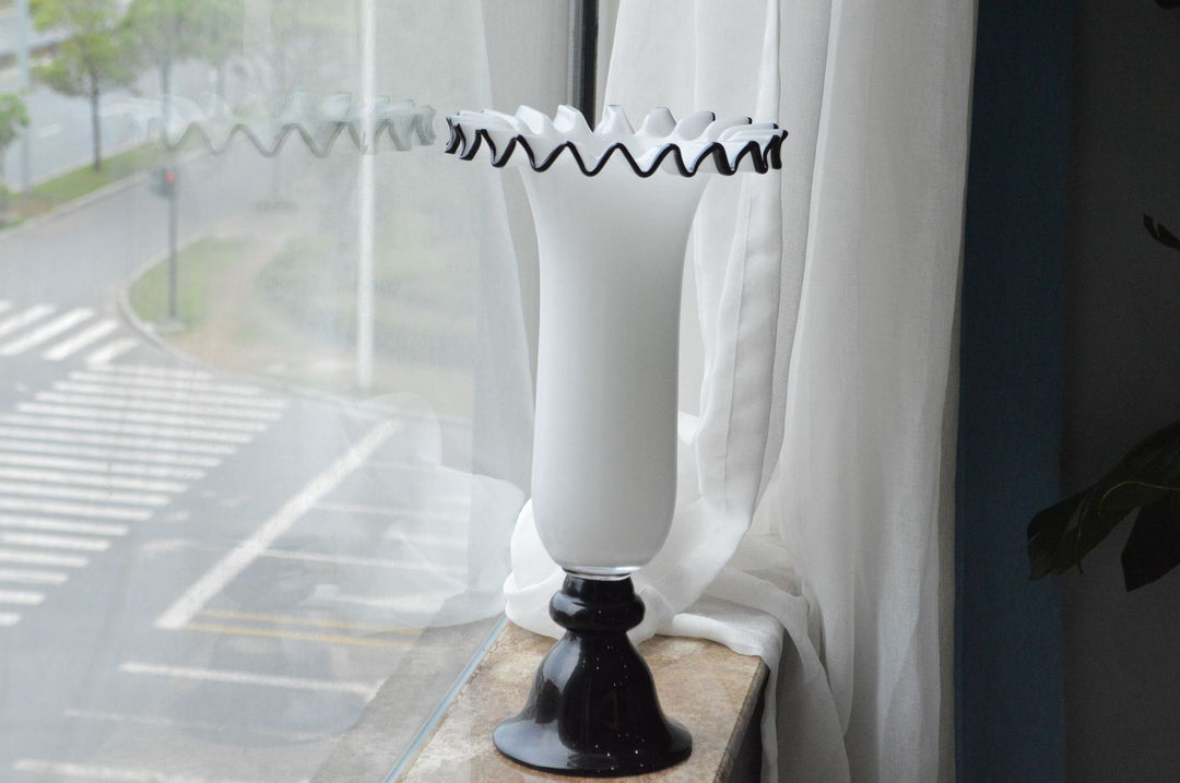 Handblown Fluted Pedestal Art Glass Trumpet Vase Kalsten
