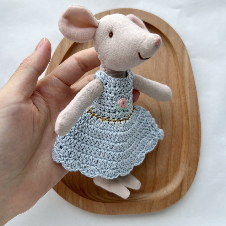 Handmade Linen Mouse Doll with Crocheted Mint Dress