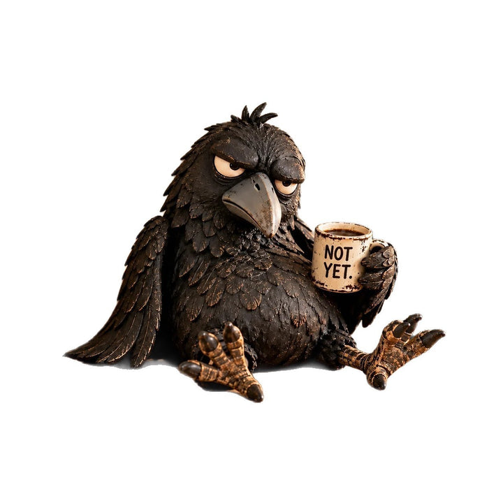 Quirky Raven Sculpture with Coffee Cup Kalsten