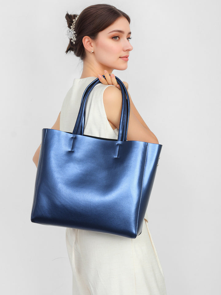 Metallic Structured Shoulder Tote with Double Top Handles