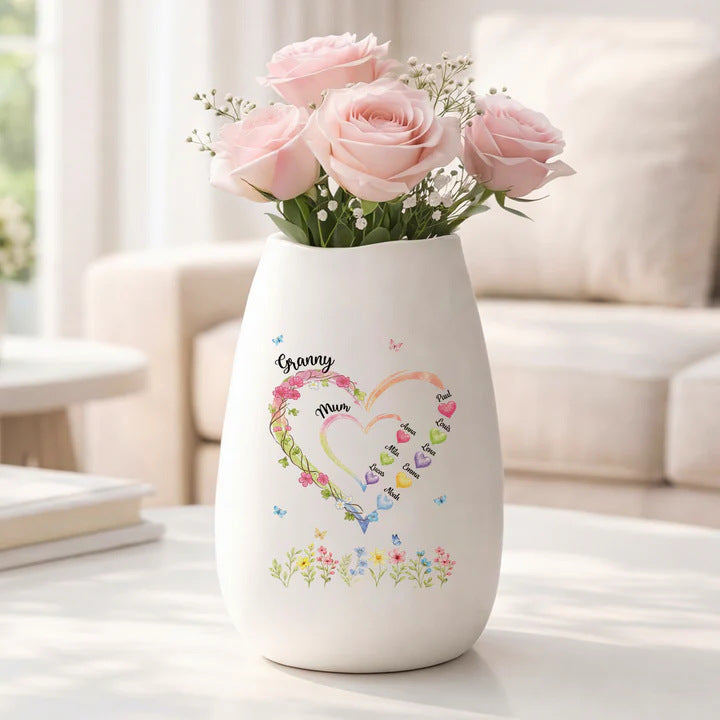 Personalized Ceramic Stemless Wine Tumbler With Floral "To My Daughter In Law" Message And Vertical Name Script