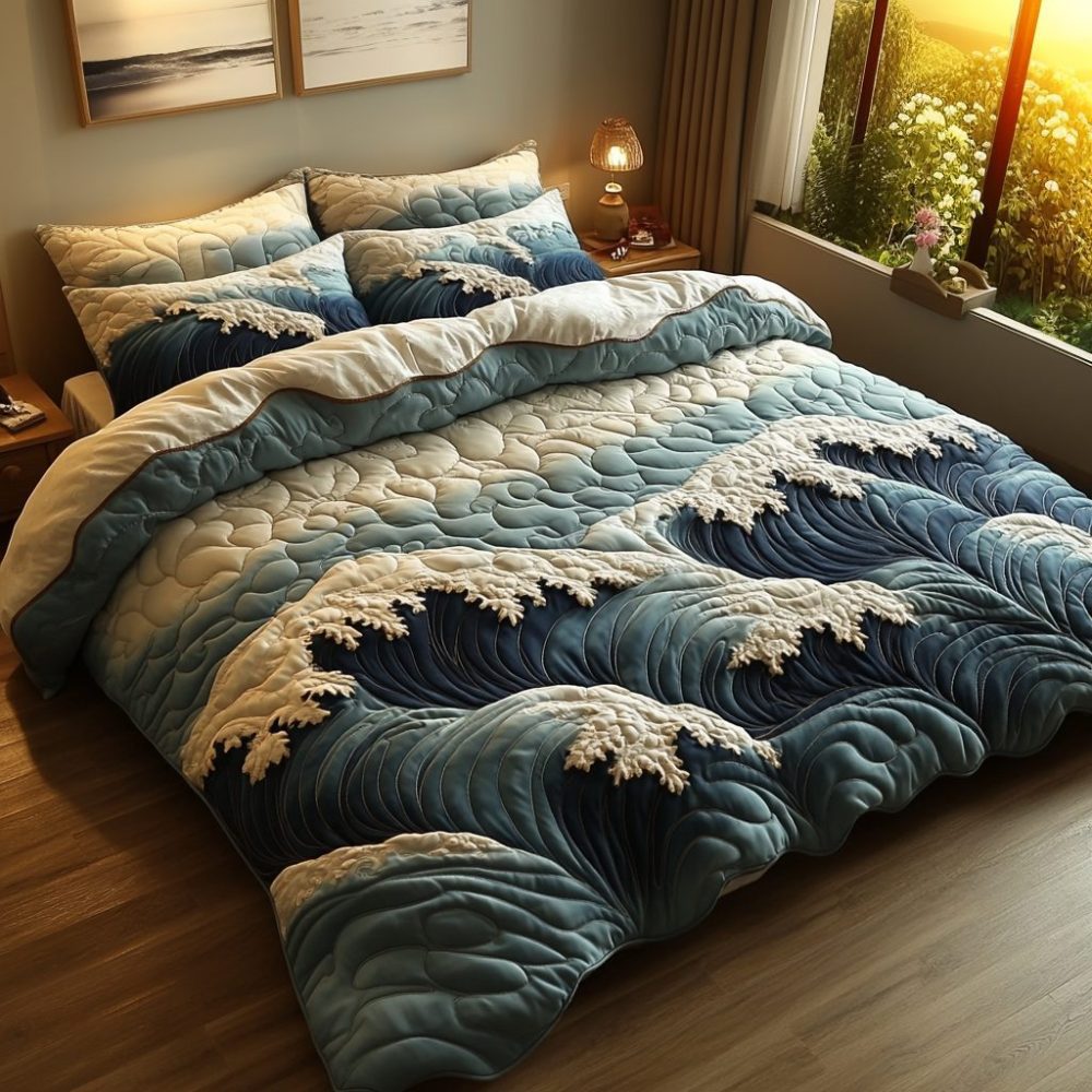 Quilted Ocean Wave Microfiber Comforter Set With Matching Shams And Plush Hypoallergenic Fill