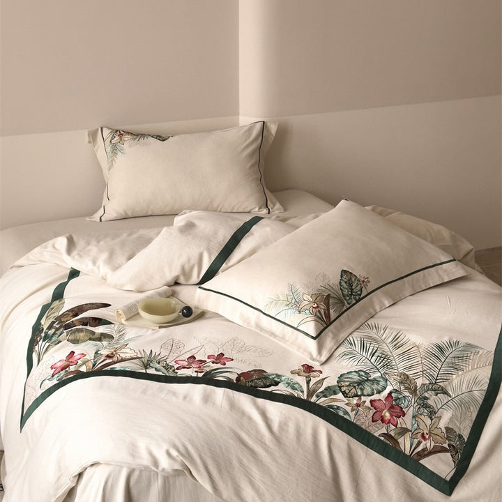 Bedding set with exotic landscape print and cotton-linen blend