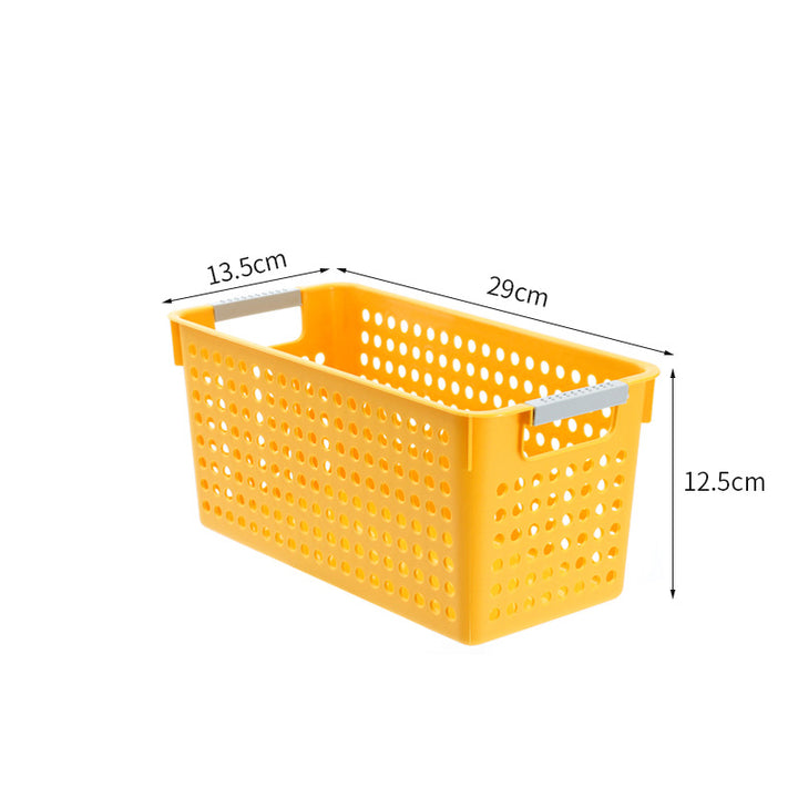 Flat plastic storage box with perforated side wall and grip recesses