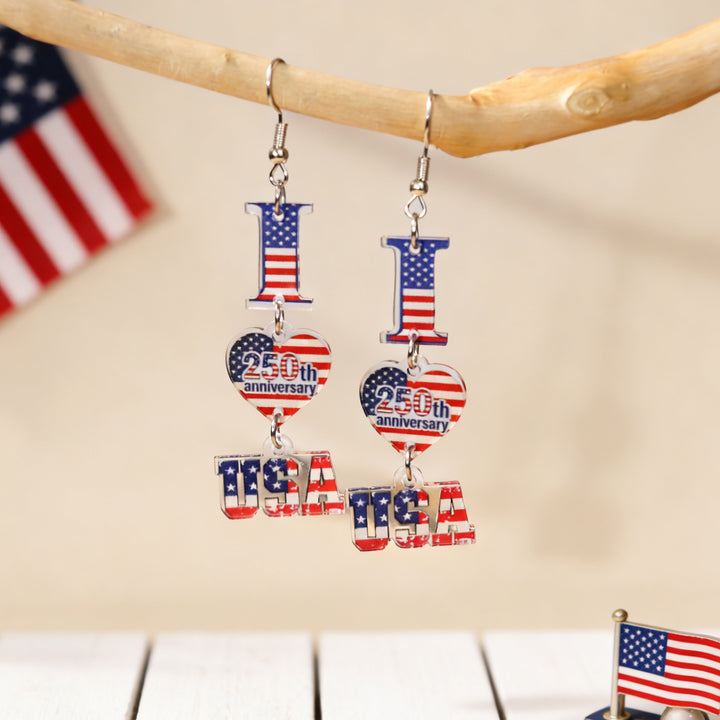 Women's acrylic statement earrings long pendant bow motif with patriotic print Kalsten