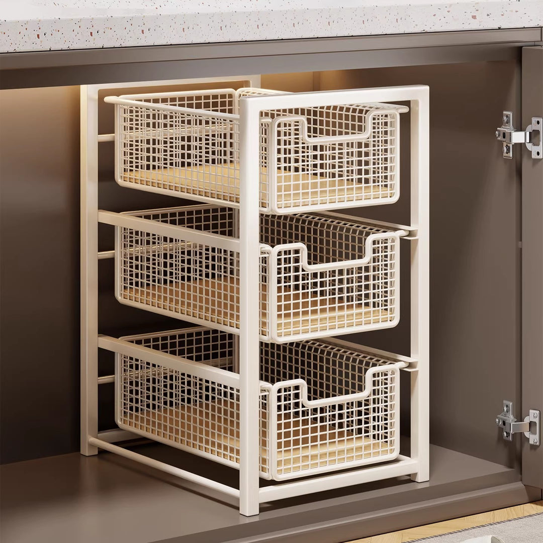Under-Cabinet Sliding Three-Tier Mesh Basket Organizer with Removable Bins