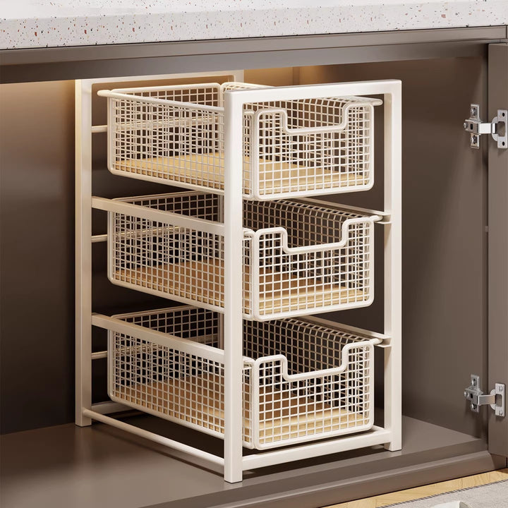 Under-Cabinet Sliding Three-Tier Mesh Basket Organizer with Removable Bins