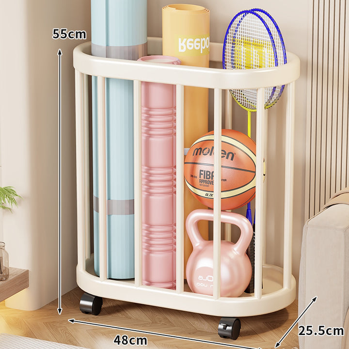 Vertical Rolling Sports Gear Storage Organizer with Cylindrical Metal Bar Frame and Casters