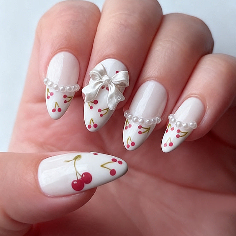 Artificial nail set with floral cherry motifs and elegant ribbons Kalsten
