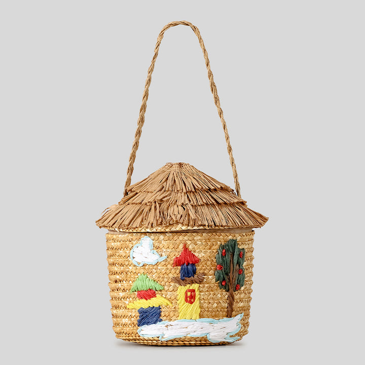 Rustic House-Shaped Straw Handbag