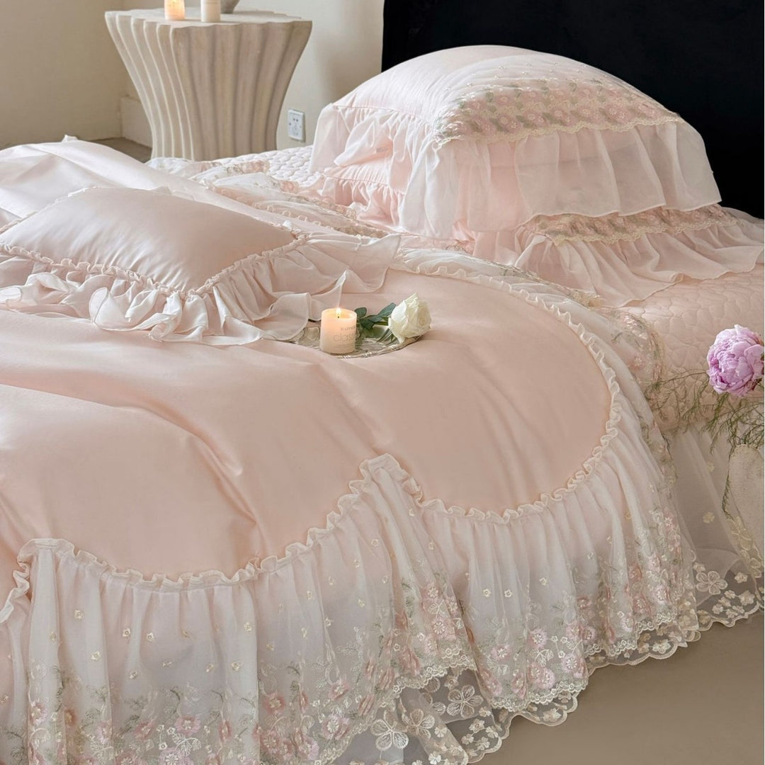 Luxurious romantic bedding set with lace ruffles and embroidered cotton satin