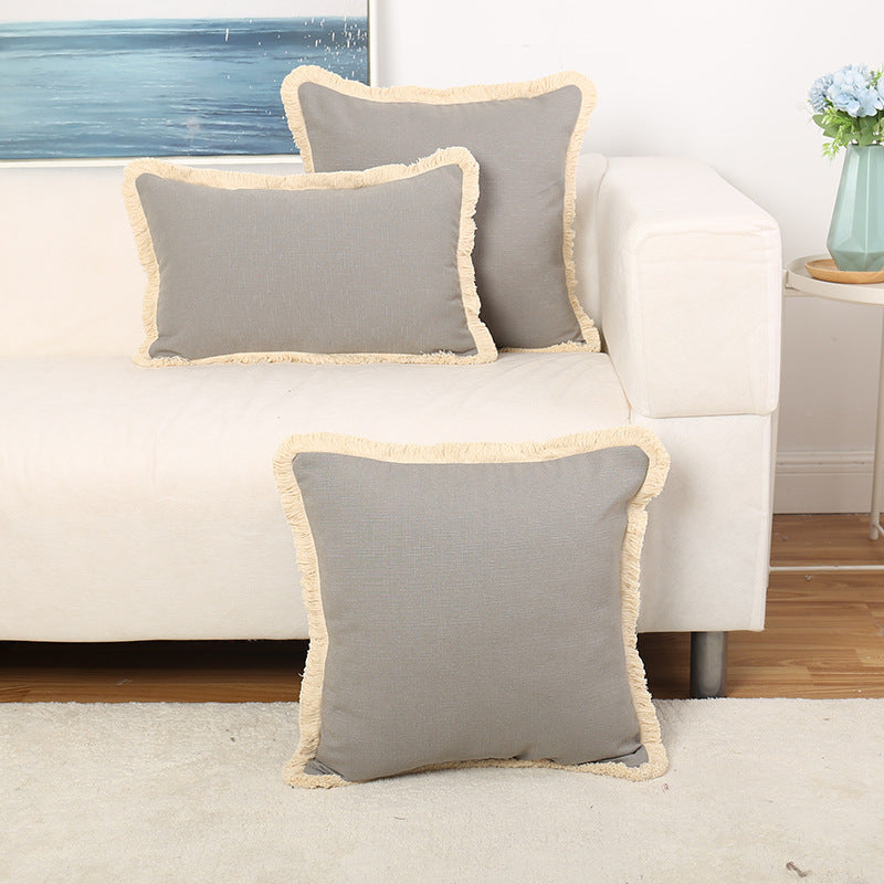 Fringed Linen-Texture Throw Pillow Covers with Hidden Zipper and Brush Fringe