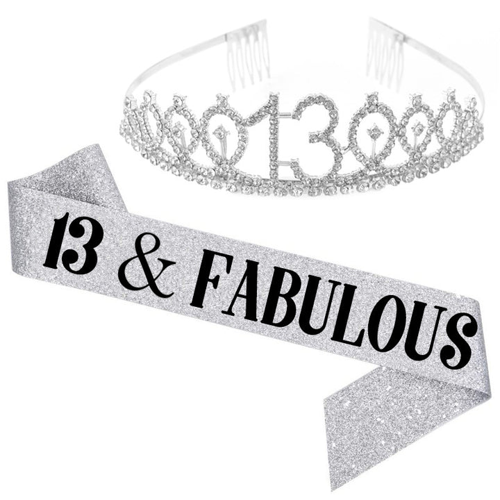 Girl Glittering Birthday Crown and Sash Set Kalsten