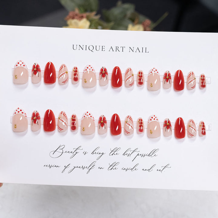 Artistic Press-On Nail Set with Floral and Geometric Patterns