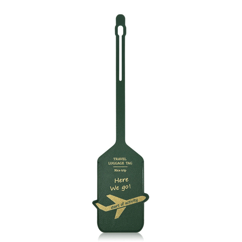 premium leather travel luggage ID tag with embossed airplane motif and adjustable strap Kalsten