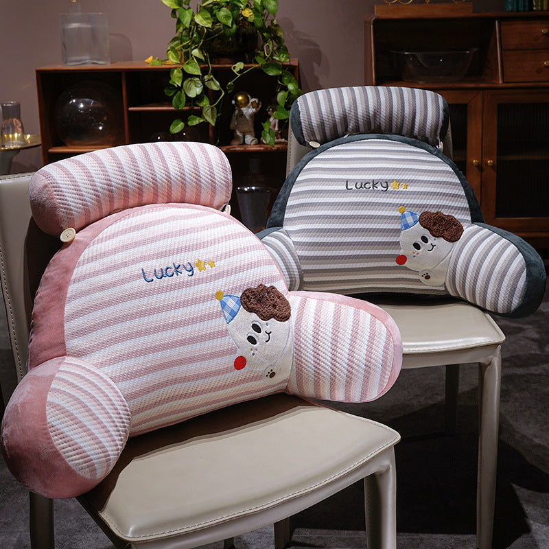 Ergonomic bed and reading pillow with neck roll, armrests and embroidered dog motif